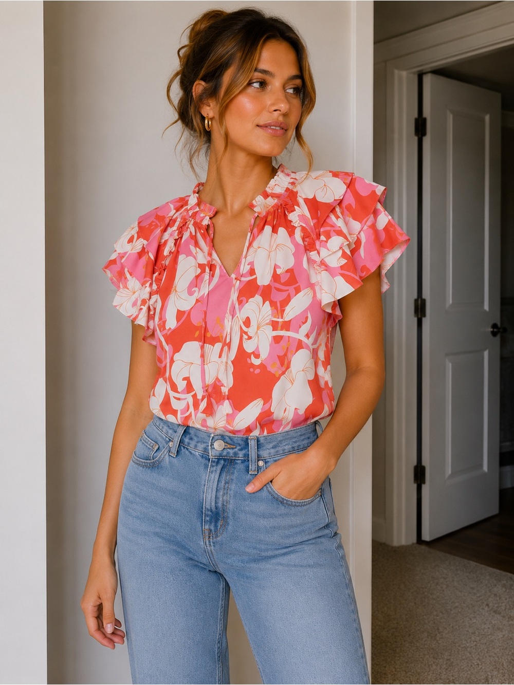 Jade Pink Floral Ruffle Sleeve Top